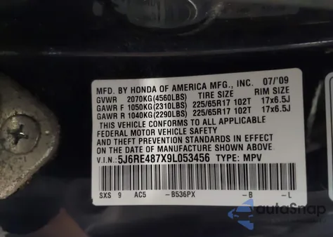 2009 Honda Cr-V Ex-L z USA, uszkodzony, nr VIN 5J6RE487X9L053456